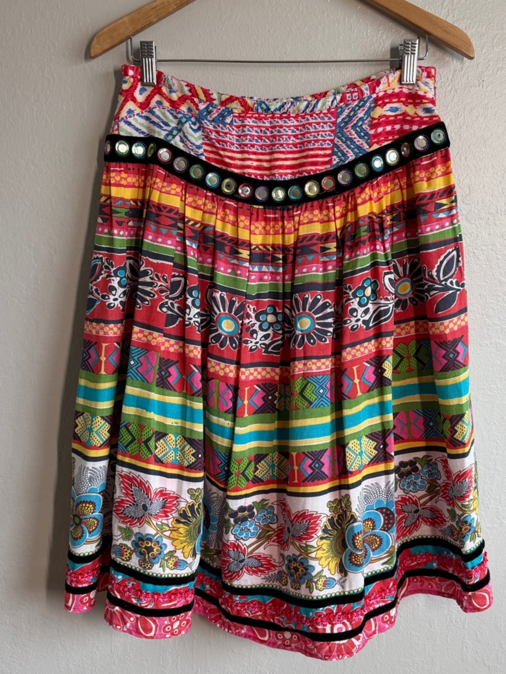 WD·NY 100% Linen Boho Mirror Embellished Midi Skirt Size 8